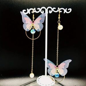 Fashion Asymmetrical Alloy Butterfly Wings Earrings with Imitation Pearl Fringe